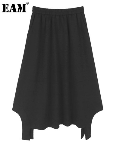 [EAM] High Elastic Waist Black Irregular Hem Brief Casual Half-body Skirt Women Fashion Tide New Spring Autumn 2024 1DH8302