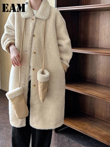 [EAM] Apricot Lambswool Big Size Thick Warm Jacket New Lapel Long Sleeve Women Coat Fashion Tide Autumn Winter 2024 1DH8309