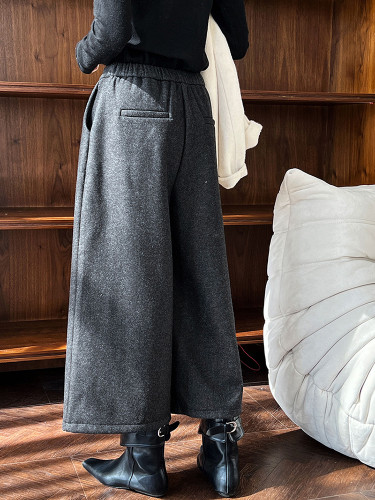 [EAM] High Elastic Waist Gray Pleated Thick Long Wide Leg Woolen Pants New Trousers Women Fashion Autumn Winter 2024 1DH8306
