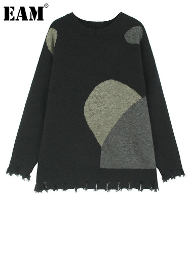 [EAM] Color-block Tassels Big Size Knitting Sweater Round Neck Long Sleeve Women Pullovers New Fashion Spring Autumn 2024 1DH829