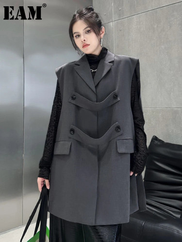[EAM] Women Black Gray Double Breasted Long Big Szie Elegant Vest New Lapel Sleeveless Fashion Tide Spring Autumn 2024 1DH8292