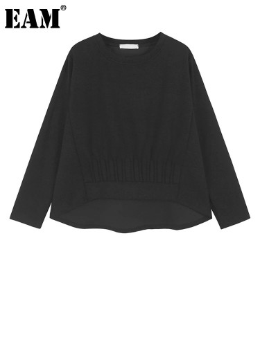 [EAM] Black Back Long Casual Sweatshirt New Round Neck Long Sleeve Women Big Size Fashion Tide Spring Autumn 2023 1DH8301