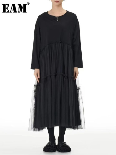 [EAM] Women Black Mesh Spliced Big Size Midi Casual Dress New Round Neck Long Sleeve Fashion Tide Spring Autumn 2024 1DH8296