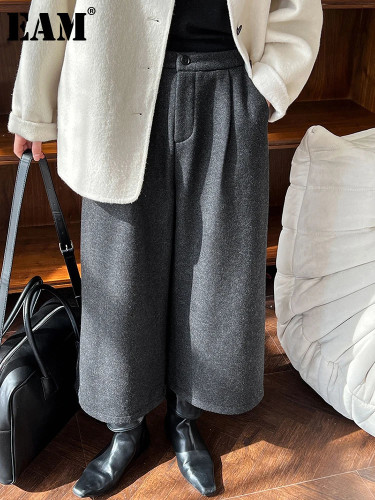 [EAM] High Elastic Waist Gray Pleated Thick Long Wide Leg Woolen Pants New Trousers Women Fashion Autumn Winter 2024 1DH8306
