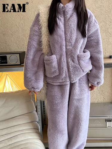 [EAM] Big Size Warm Coat Wide Leg Pants Two Piece Suit New Stand Collar Long Sleeve Women Fashion Autumn Winter 2024 1DH8307