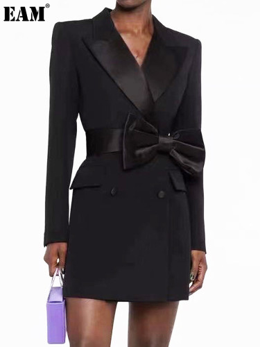 {EAM} Autumn and winter new fashion senior bow belt long sleeve slim temperament commuter women's suit dress DLZ379