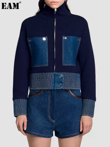 {EAM} 25 autumn and winter new women's woolen knitting denim short coat knitted top cardigan coat DLZ376