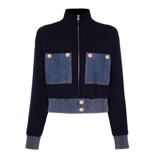{EAM} 25 autumn and winter new women's woolen knitting denim short coat knitted top cardigan coat DLZ376