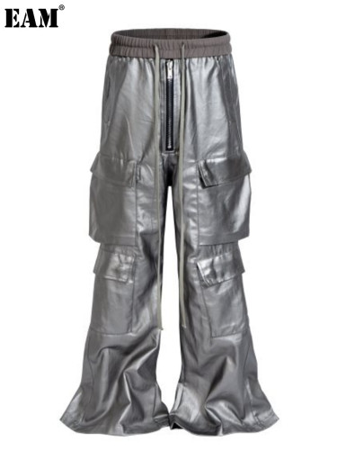 {EAM} European and American high street wash loose wide leg profile coating matte overalls micro-ripped biker jeans DLZ391