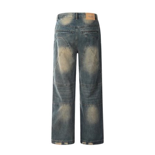 {EAM} American retro dirty wash High street vibe straight leg design casual pants men's fur hem denim pants DLZ393