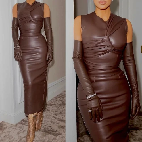 {EAM} Faux Pu Leather Midi Dress Sexy O Neck Pa Faux Pu Leather Midi Dress Sexy O Neck Party Women Ruched Dress Sleeveless Body Contour Twist Front Maxi Evening Corset Dress ZH1124