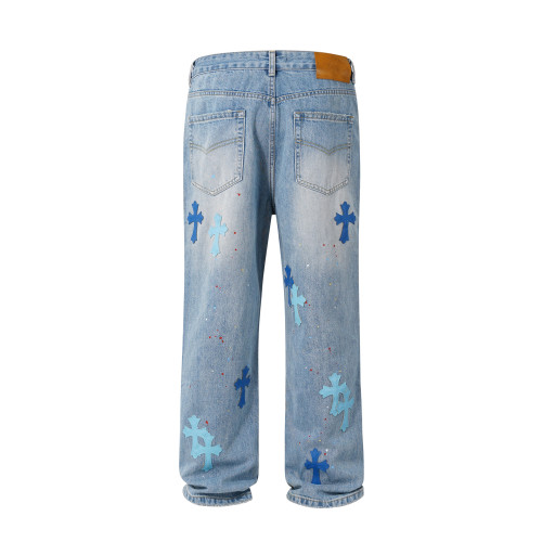 {EAM} European and American high street three-dimensional cut washed wide leg embroidery leather splashed ink pattern overalls jeans DLZ387