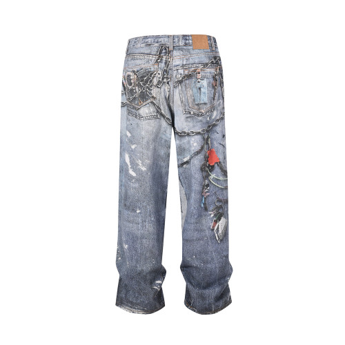 {EAM} European and American high street wash loose wide leg silhouette digital printed jeans DLZ390