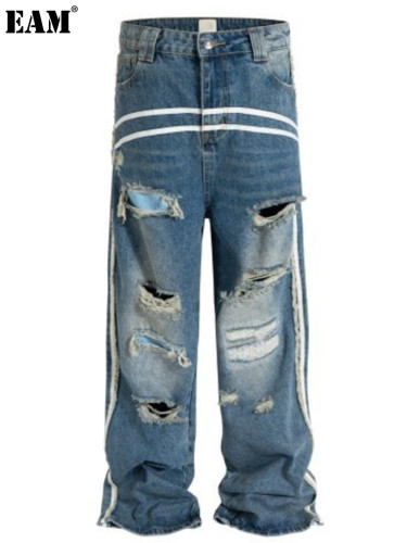 {EAM} European and American high street wash loose wide leg silhouette two bar wash silhouette jeans DLZ388