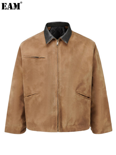 {EAM} Europe and the United States High Street ins Detroit lapel imitation deerskin velvet zipper wash jacket jacket clip cotton coat DLZ385