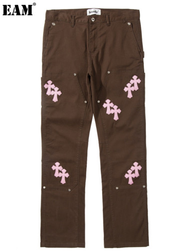 {EAM} High street pink leather straight leg casual jeans DLZ389