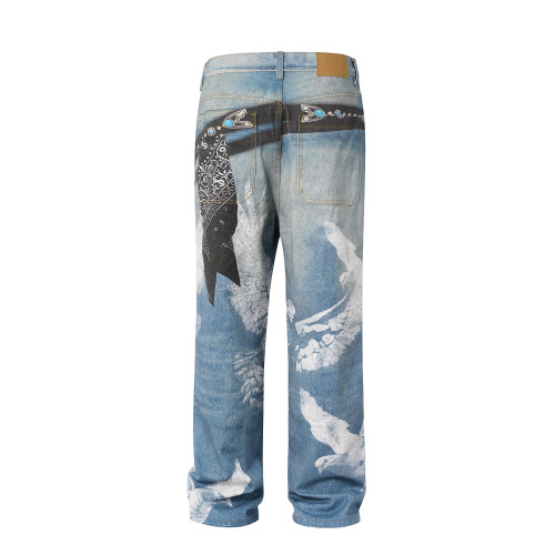 {EAM} European and American high street three-dimensional cut washed wide leg digital printed three-dimensional pattern overalls jeans DLZ384