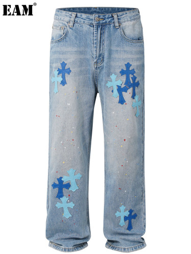 {EAM} European and American high street three-dimensional cut washed wide leg embroidery leather splashed ink pattern overalls jeans DLZ387