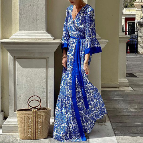 {EAM} Women's fashion Bohemian skirt print mid-length dress DLZ403