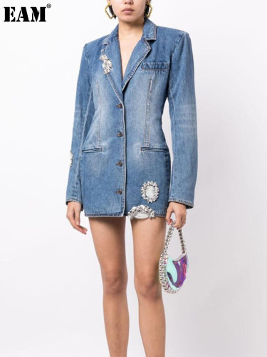 {EAM} 25 new European and American high-end denim wash water to do old nailed beads backless suit skirt DLZ395