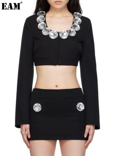{EAM} 25 new European and American high-end light luxury heavy industry nail diamond short suit jacket skirt two-piece set DLZ398
