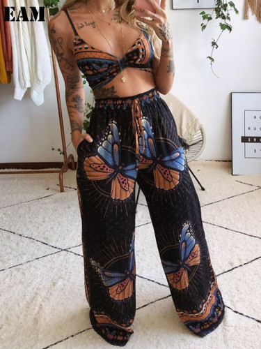 {EAM} 25 Summer Europe and the United States cross-border women's print blazer loose wide-leg pants two-piece set DLZ402