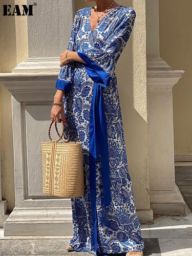 {EAM} Women's fashion Bohemian skirt print mid-length dress DLZ403