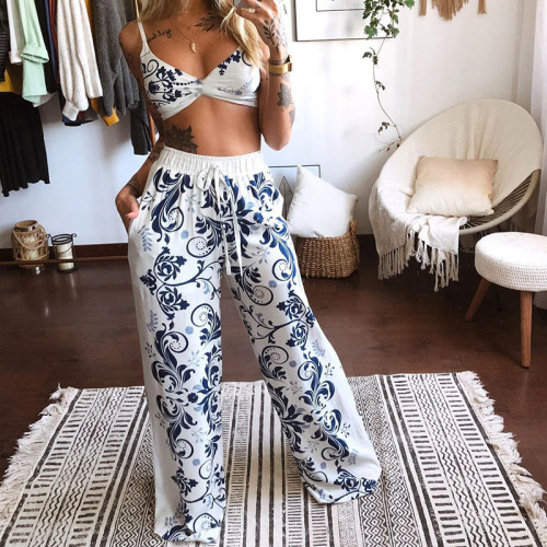 {EAM} 25 Summer Europe and the United States cross-border women's print blazer loose wide-leg pants two-piece set DLZ402