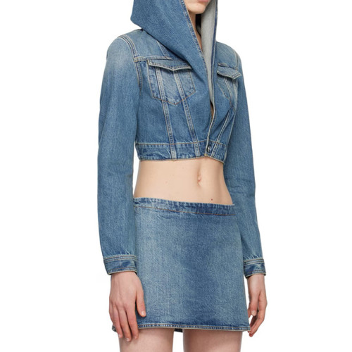 {EAM} European high-end quality dune exotic style short denim hooded jacket jacket suit skirt DLZ397