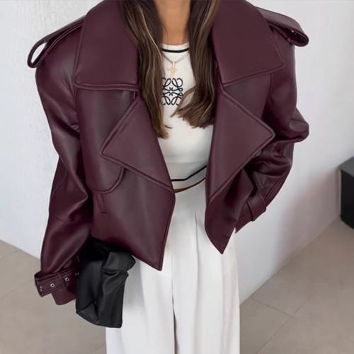 {EAM} Cross-border hot selling solid color lapel jacket short loose casual all fashion women's leather DLZ407