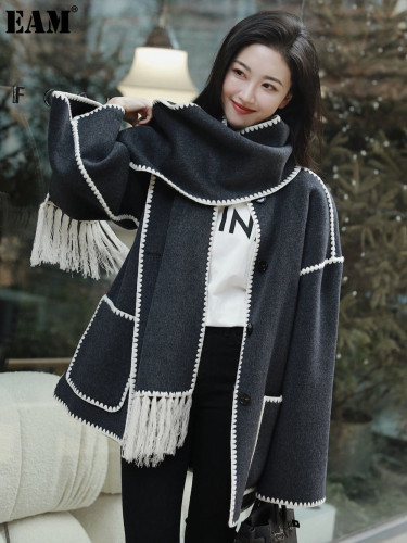 {EAM} 25 Spring/summer new double-sided Ni gray fringe scarf loose casual embroidered jacket jacket medium length DLZ405