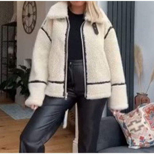 {EAM} Lamb wool splicing motorcycle Jacket 2024 Europe and the United States cross-border fashion women's autumn and winter warm zipper jacket DLZ411