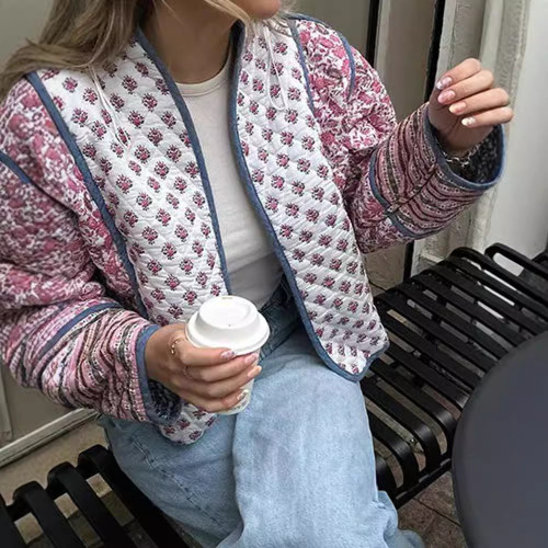 {EAM} European and American printed reversible quilted coat cardigan patchwork small cotton-padded jacket cross border autumn and winter new cotton-padded woman street style DLZ413