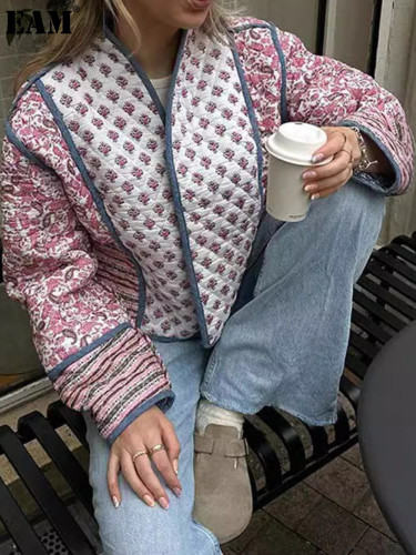 {EAM} European and American printed reversible quilted coat cardigan patchwork small cotton-padded jacket cross border autumn and winter new cotton-padded woman street style DLZ413