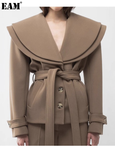 {EAM} Autumn and winter double collar long-sleeved jacket coat fashion everything temperament casual waisted woolen coat DLZ410