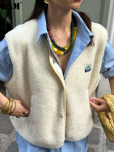 {EAM} Sleeveless short lamb hair vest 2025 Europe and the United States cross-border fashion women loose single breasted vest DLZ417