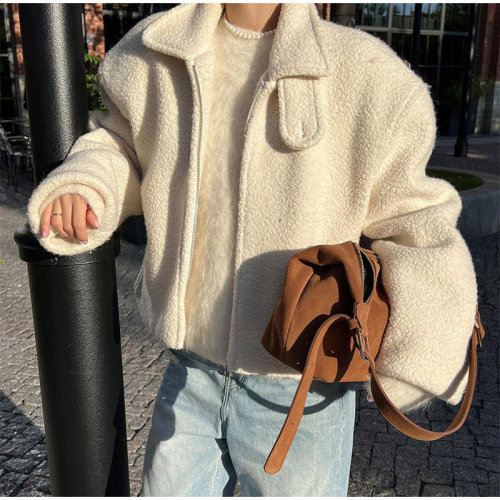 {EAM} Solid color lamb wool short coat Europe and the United States cross-border thickening autumn and winter warm comfortable casual eye-catching fashion coat DLZ420
