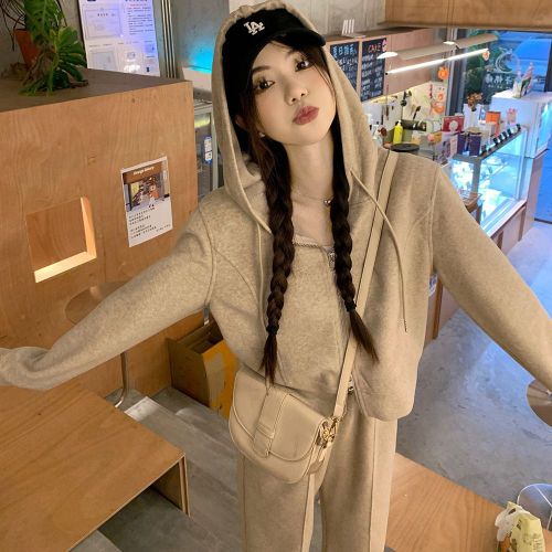 {EAM} Spring and autumn new milk velvet suit casual hoodie short coat straight leg casual pants two-piece set for women DLZ419