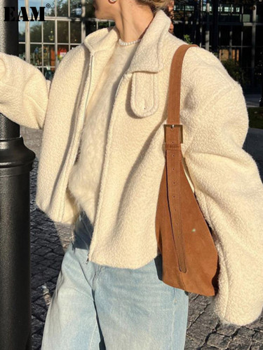 {EAM} Solid color lamb wool short coat Europe and the United States cross-border thickening autumn and winter warm comfortable casual eye-catching fashion coat DLZ420