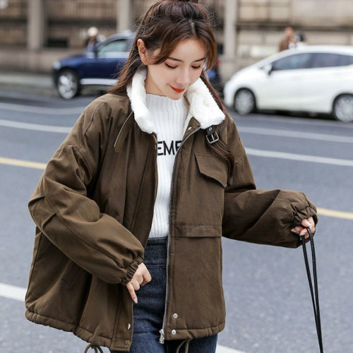 {EAM} Lamb wool cotton-padded women's winter plus cashmere thickening new Korean version of students loose to overcome cotton-padded coat DLZ422