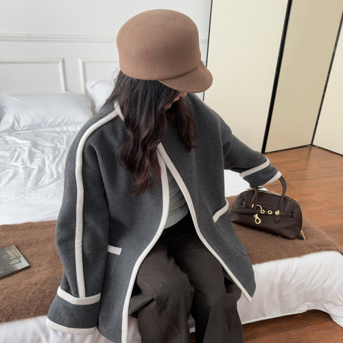 {EAM} Wool coat 25 new winter color contrast gray light warm coat wool gray knit loose coat DLZ429