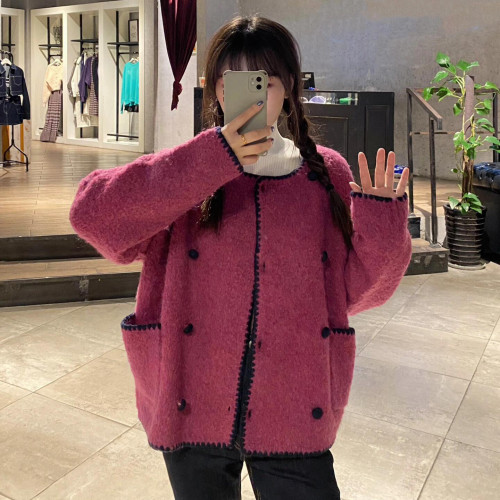 {EAM} 25 Autumn and winter new sweet wind Maillard soft waxy milk fu round neck double breasted short coat DLZ428