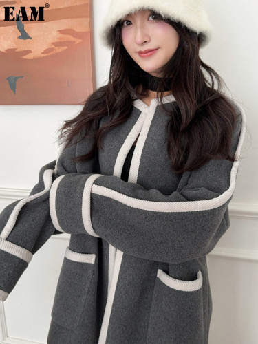 {EAM} Wool coat 25 new winter color contrast gray light warm coat wool gray knit loose coat DLZ429