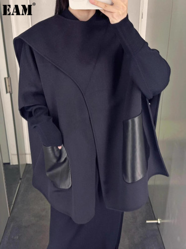 {EAM} Wool blend double-sided tweed leather trim cape fall 2024 DLZ431