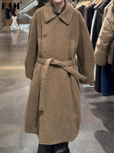 {EAM} Wool coat women's stand collar thick long lace-up bathrobe woolen coat silhouette loose coat DLZ427