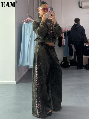 {EAM}Europe and the United States do old retro autumn and winter loose antique ribbon letter printed V-neck crop long sleeve hoodie two-piece set DLZ444