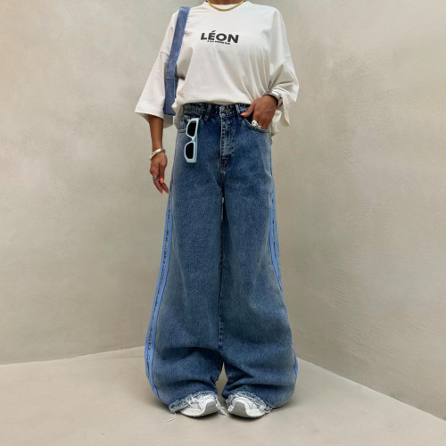 {EAM} Autumn and winter fashion splicing three stripes wide leg denim pants women's new casual high waist stretch drag straight leg pants DLZ443