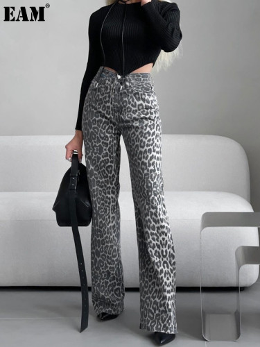 {EAM} Europe and the United States niche design leopard print jeans women's spring and summer fashion spice girls look thin everything straight leg wide pants DLZ440