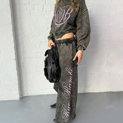 {EAM}Europe and the United States do old retro autumn and winter loose antique ribbon letter printed V-neck crop long sleeve hoodie two-piece set DLZ444