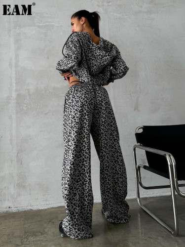 {EAM} Europe and the United States explosive zipper hoodie suit women's advanced sense short coat straight leg loose casual pants leopard print two-piece set DLZ442